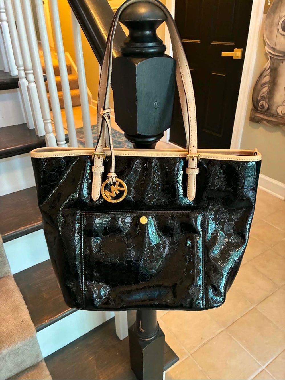 New Michael Kors Black Patent Tote with Cream Handles and Gold MK Charm